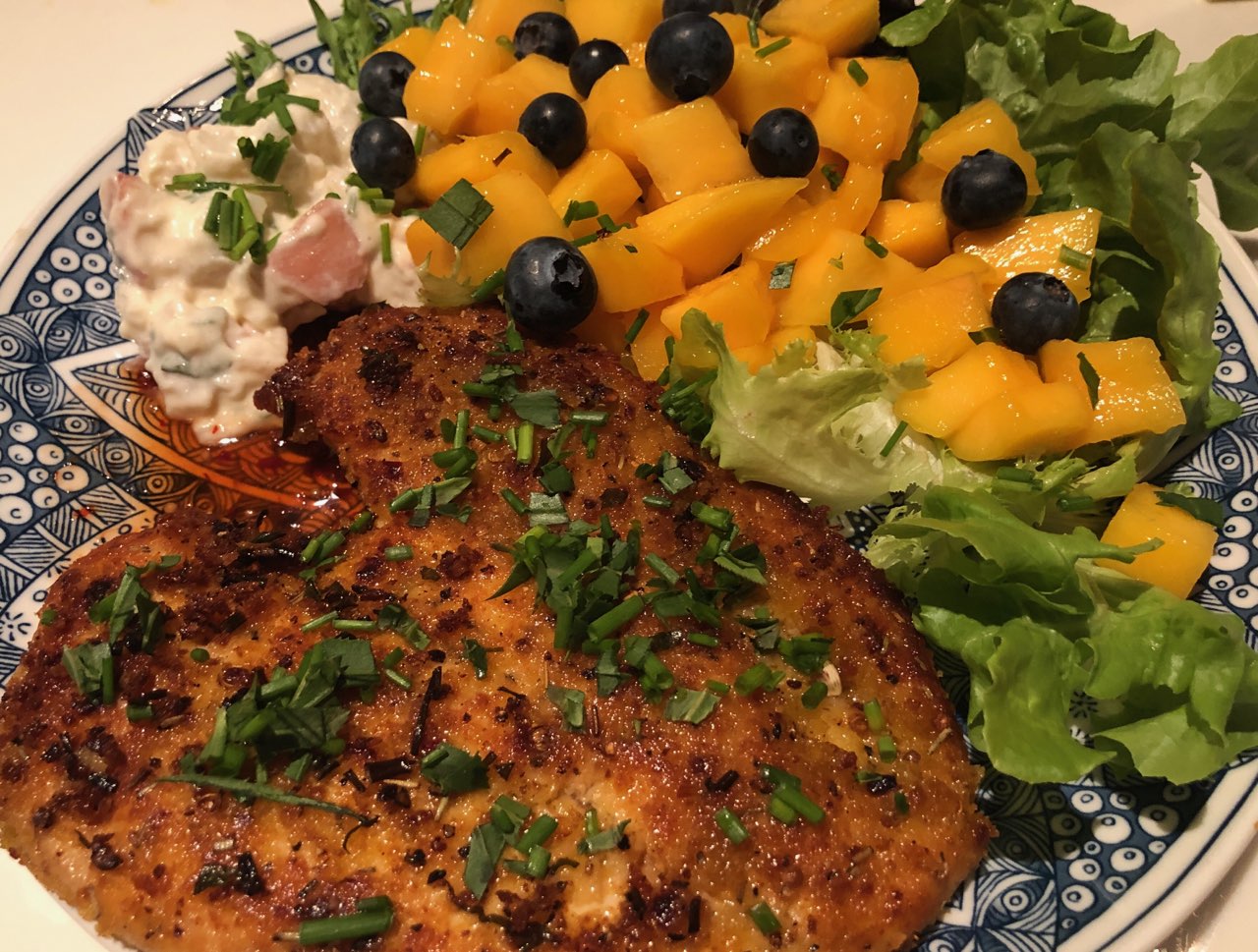 Free Range Chicken Breast with Potato Salad and Mango, Blueberry Salad